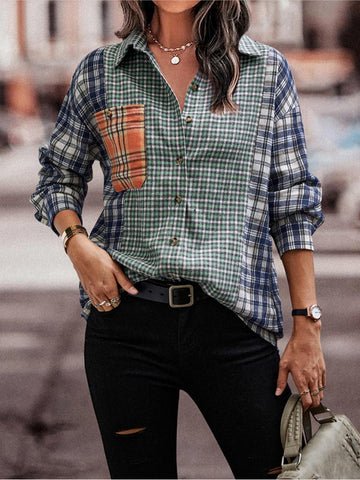 Woochic blouse carreaux couleur bloc avec poches boutonnage col cheminée femme mode Bleu S